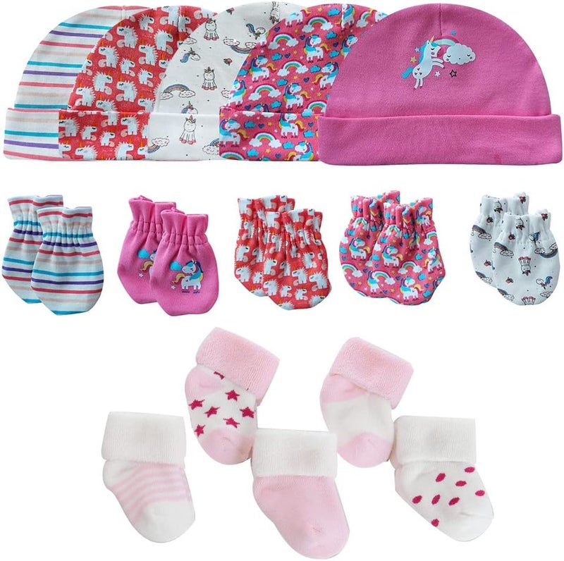 MAMIMAKA Newborn Baby Boy Girl Caps Mittens Socks Set Cotton Baby Essentials Accessories (Hats+Gloves+Socks) - Image 1